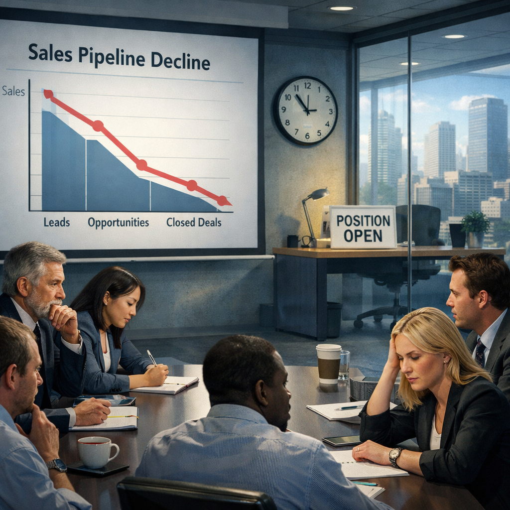 Leadership looking at decreasing sales graph with a vacant desk in the background